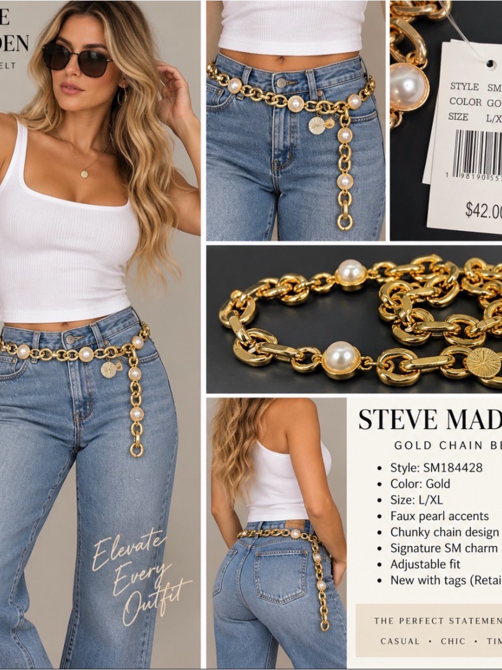 Steve Madden Gold Chain Belt L/XL Faux Pearl Statement Belt NWT $42